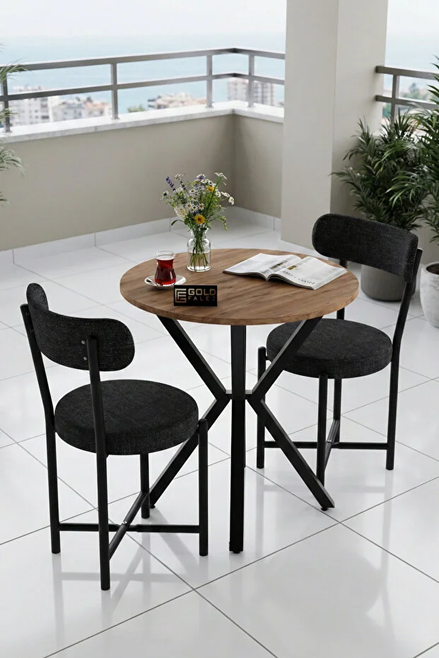 Mutfak Masası 70 Çap Yuvarlak 2 Sandalyeli Masa Takımı Modern Bahçe Balkon Cafe Teddy Antrasit